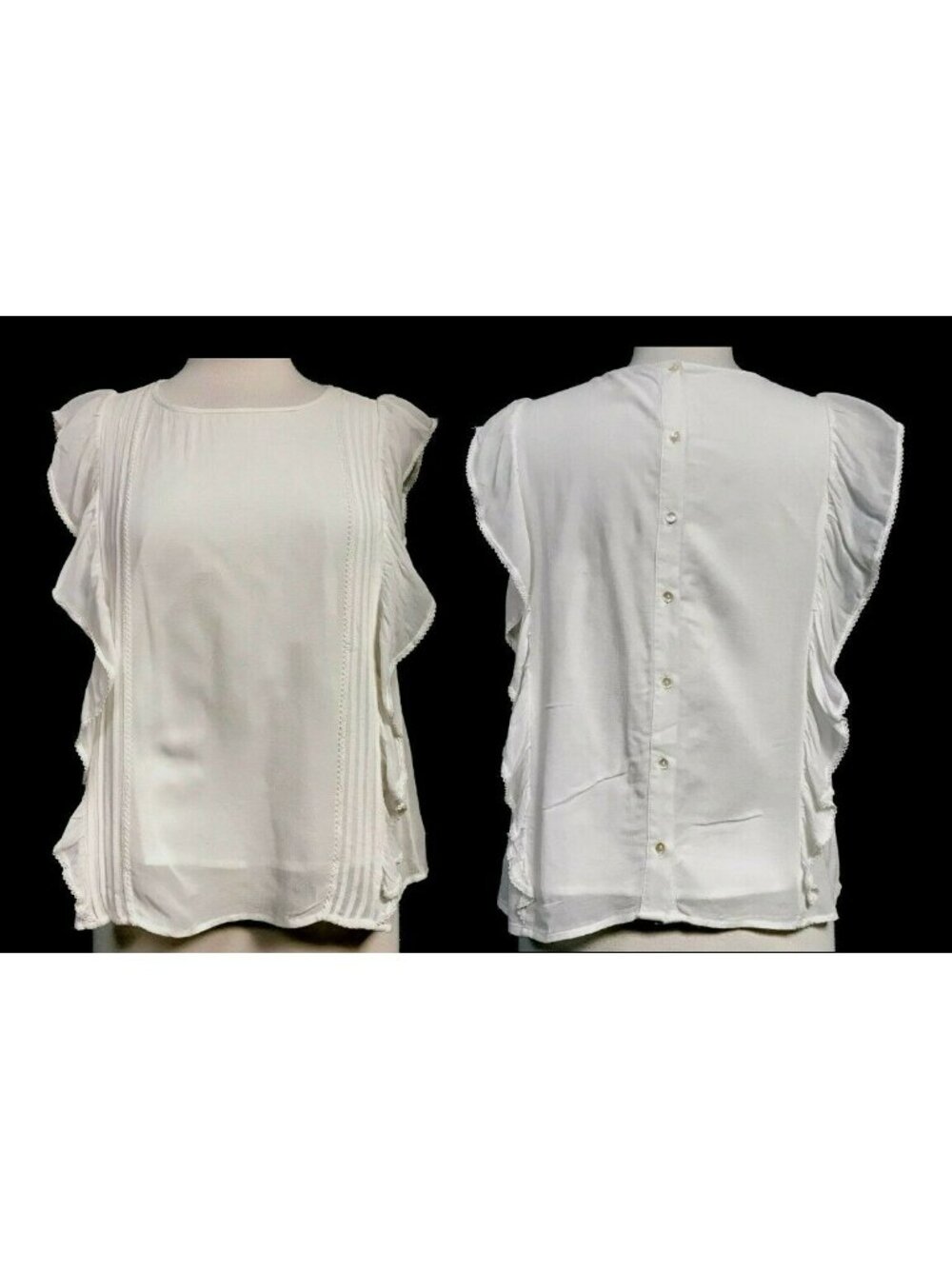 Vera Moda White Ruffled Pintucked Cap Sleeve Blouse Lined Back Buttoned M NEW